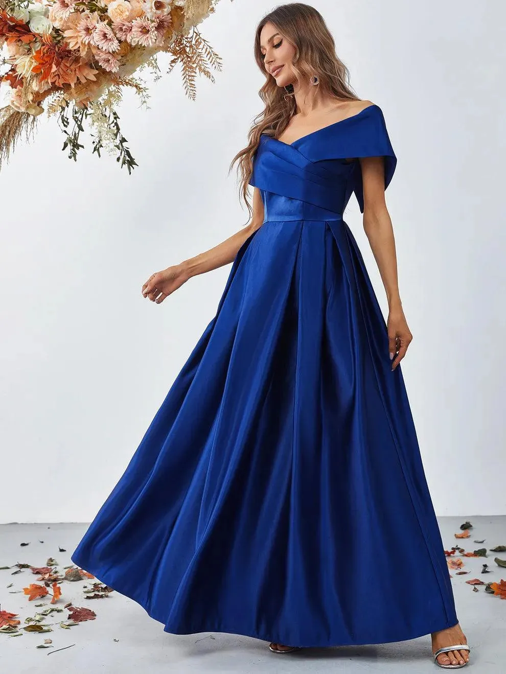 Off Shoulder Fold Pleated Detail Satin A Line Dress