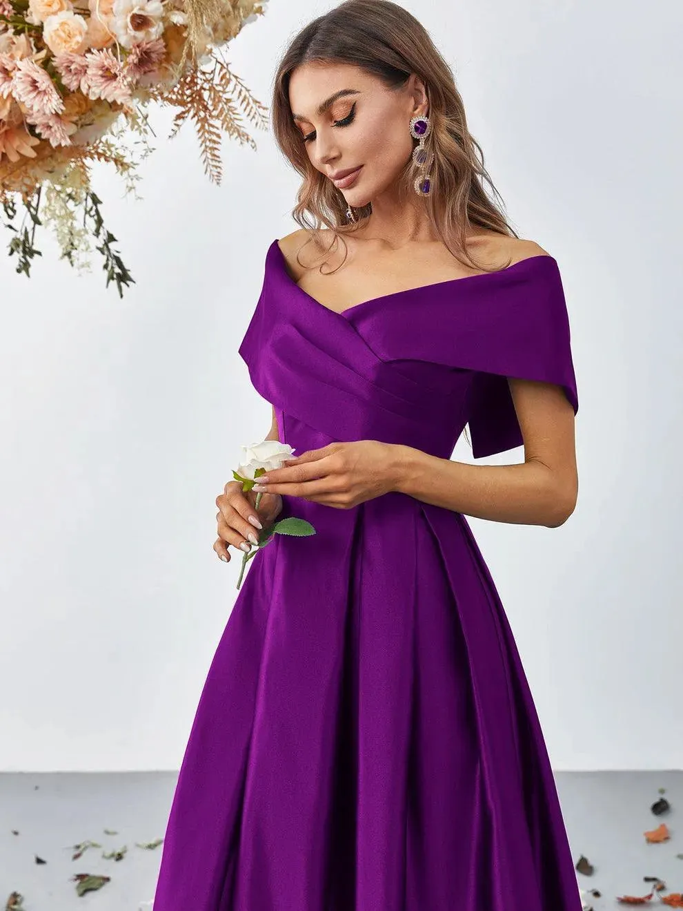 Off Shoulder Fold Pleated Detail Satin A Line Dress