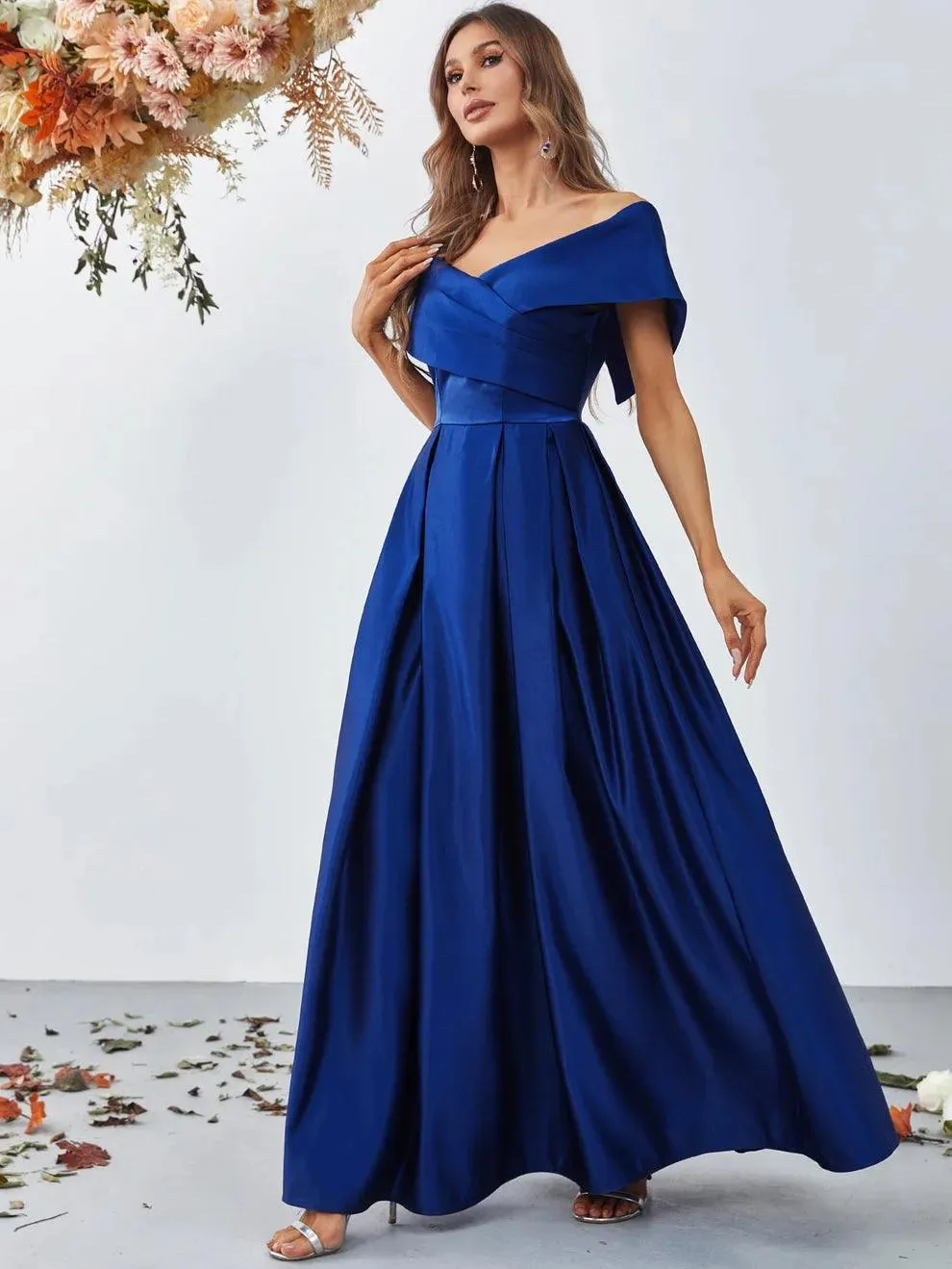 Off Shoulder Fold Pleated Detail Satin A Line Dress
