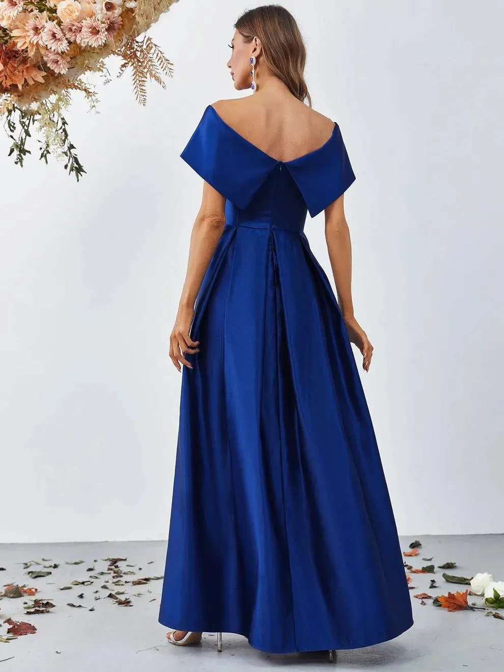 Off Shoulder Fold Pleated Detail Satin A Line Dress