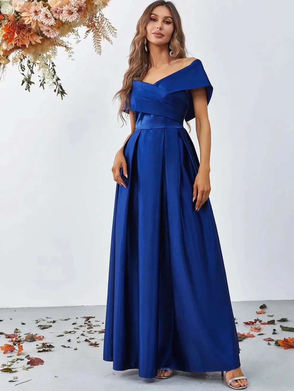 Off Shoulder Fold Pleated Detail Satin A Line Dress