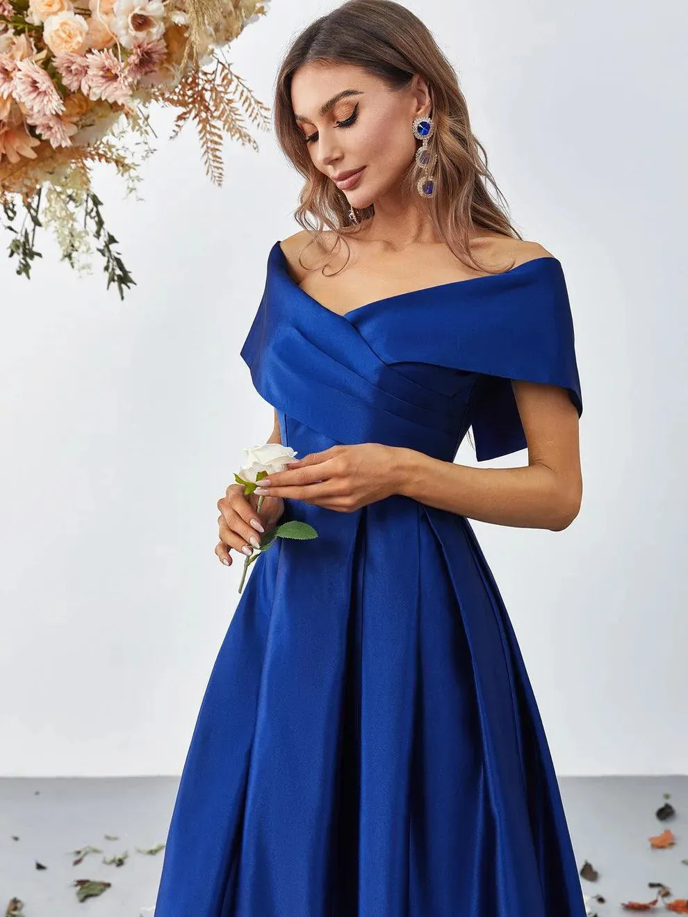 Off Shoulder Fold Pleated Detail Satin A Line Dress
