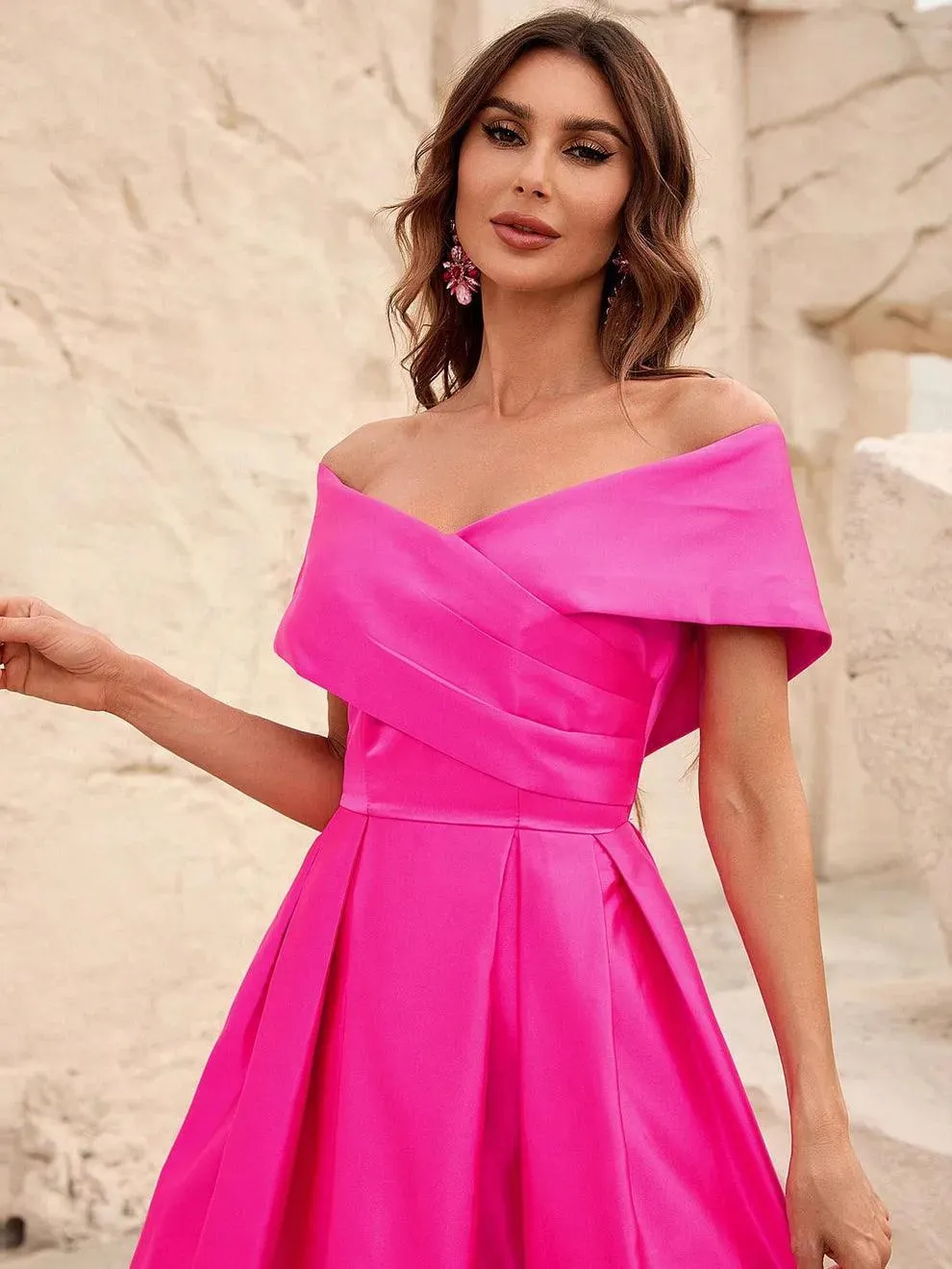 Off Shoulder Fold Pleated Detail Satin A Line Dress