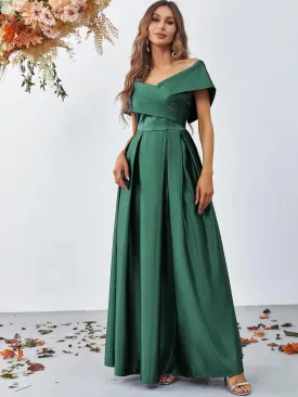 Off Shoulder Fold Pleated Detail Satin A Line Dress