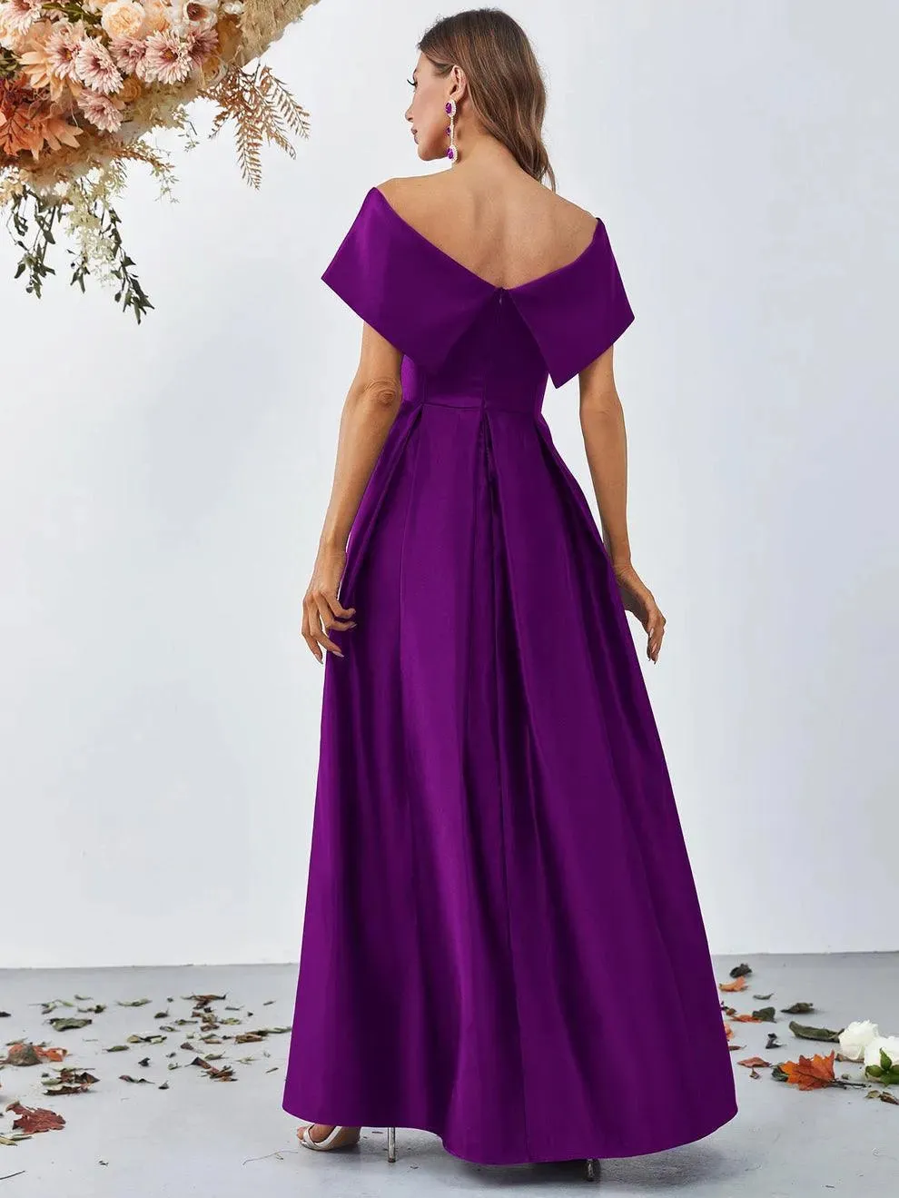 Off Shoulder Fold Pleated Detail Satin A Line Dress