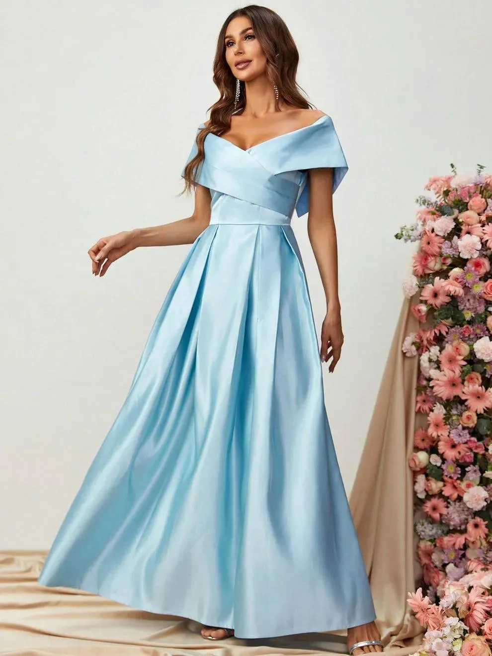 Off Shoulder Fold Pleated Detail Satin A Line Dress