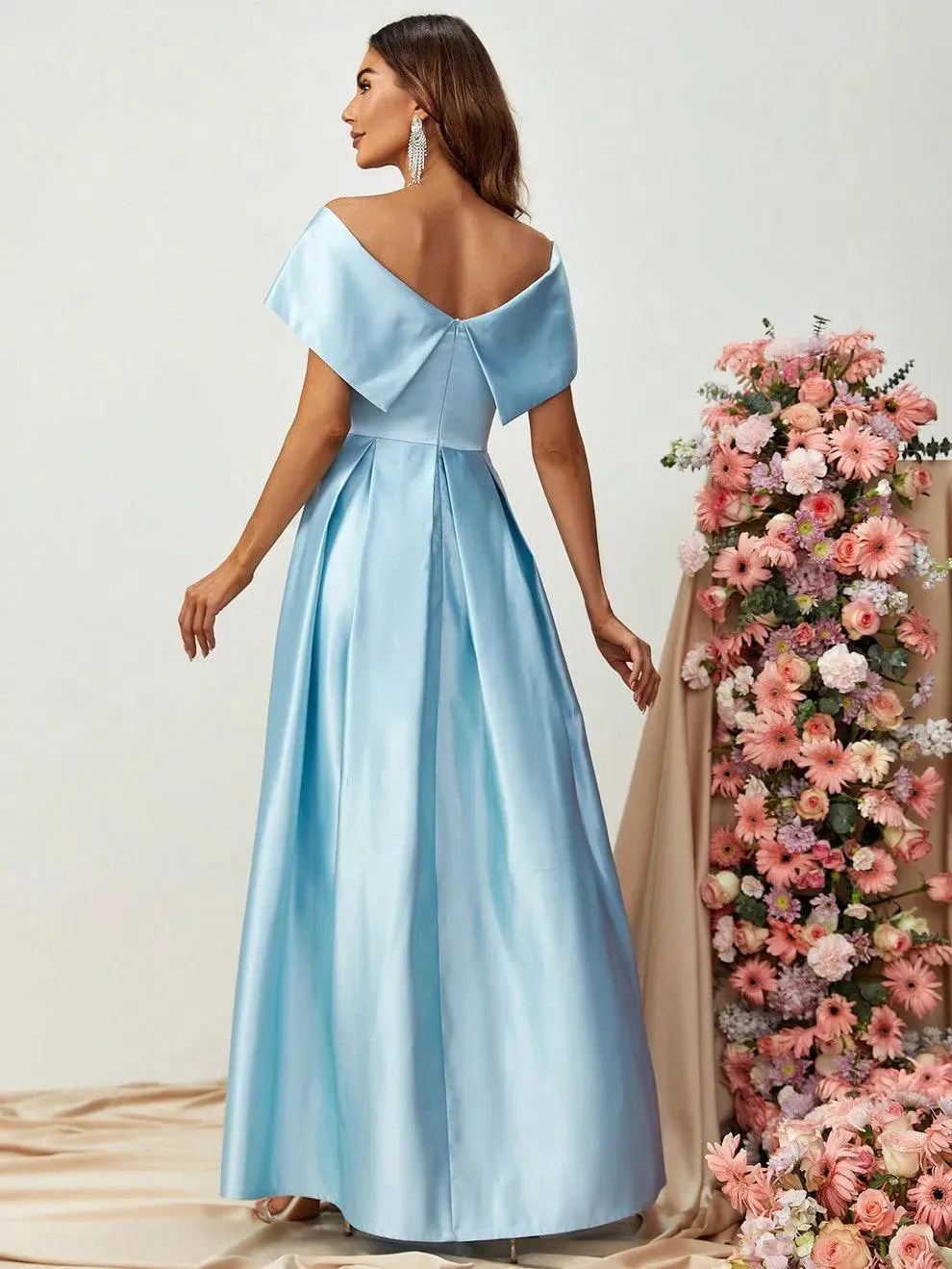 Off Shoulder Fold Pleated Detail Satin A Line Dress