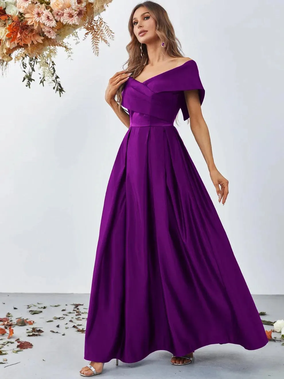 Off Shoulder Fold Pleated Detail Satin A Line Dress