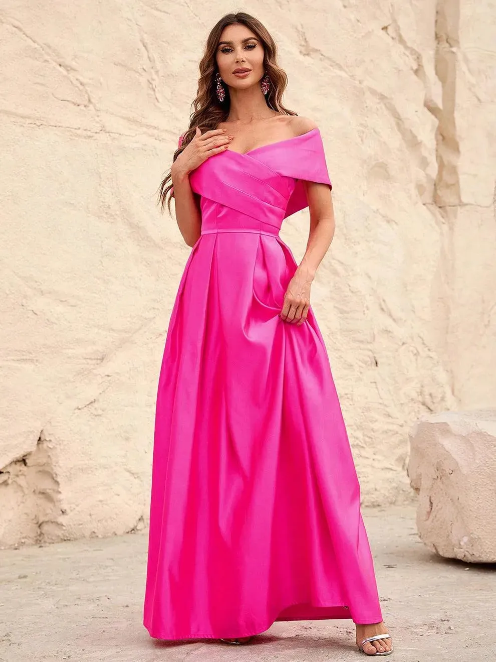 Off Shoulder Fold Pleated Detail Satin A Line Dress