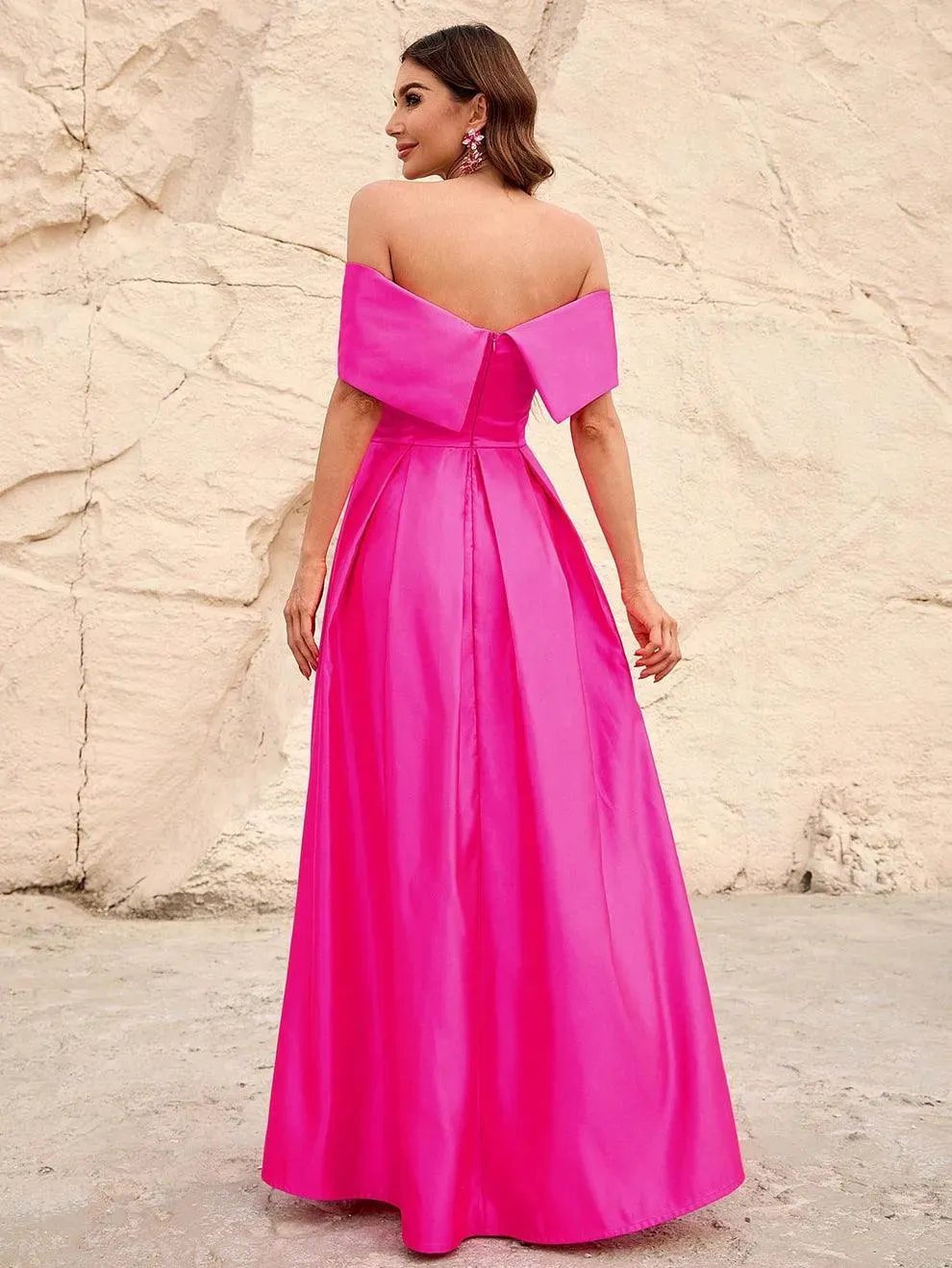 Off Shoulder Fold Pleated Detail Satin A Line Dress