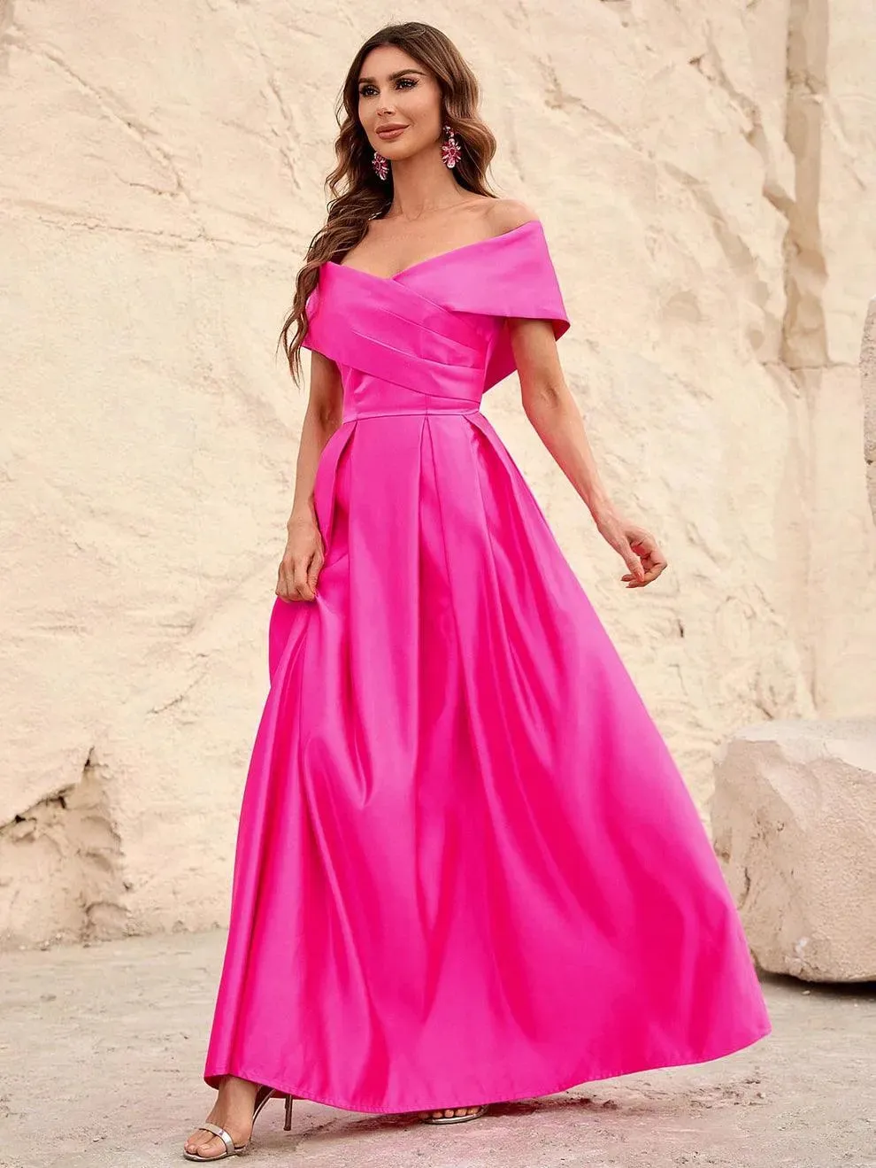 Off Shoulder Fold Pleated Detail Satin A Line Dress