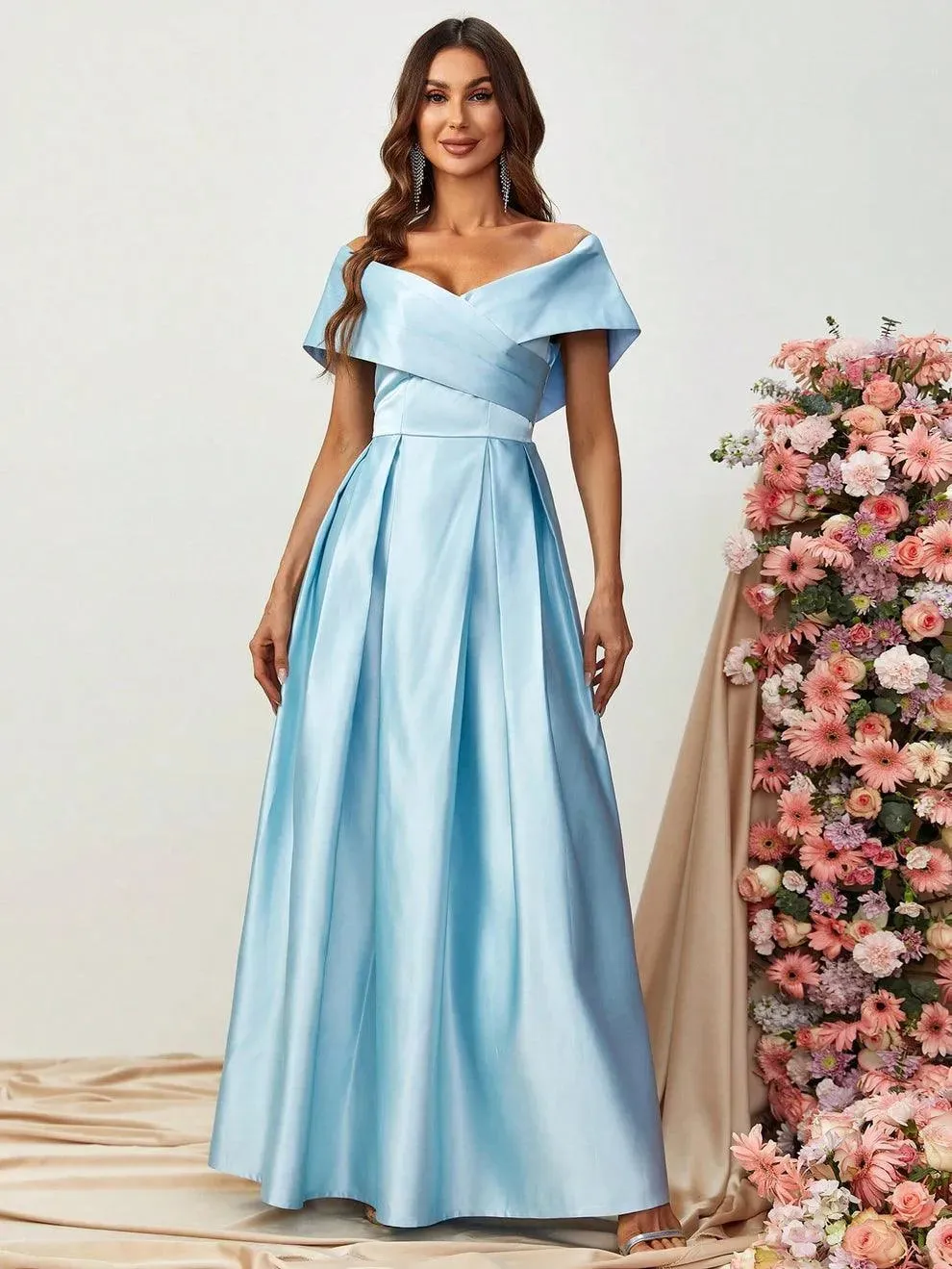 Off Shoulder Fold Pleated Detail Satin A Line Dress