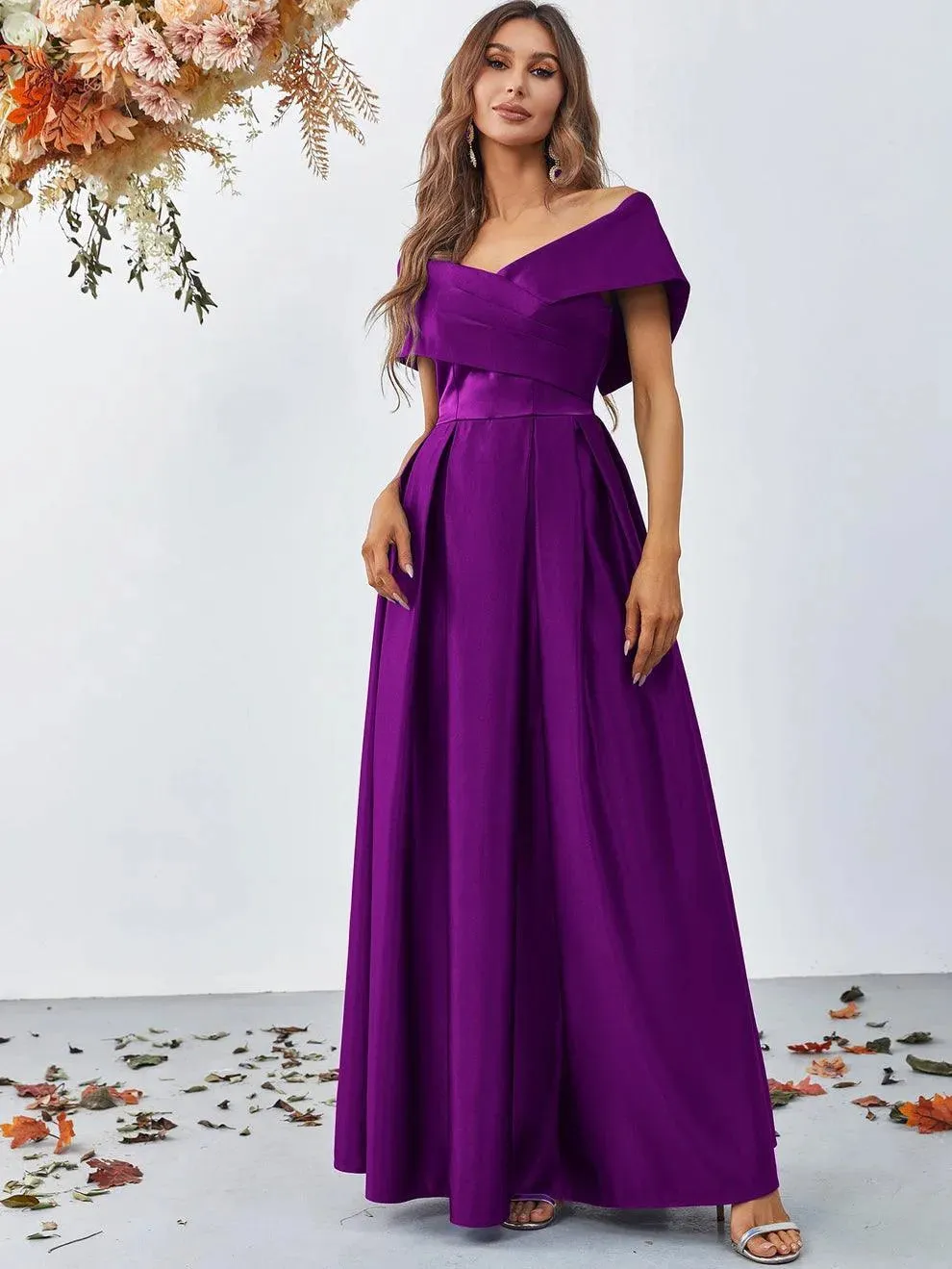 Off Shoulder Fold Pleated Detail Satin A Line Dress