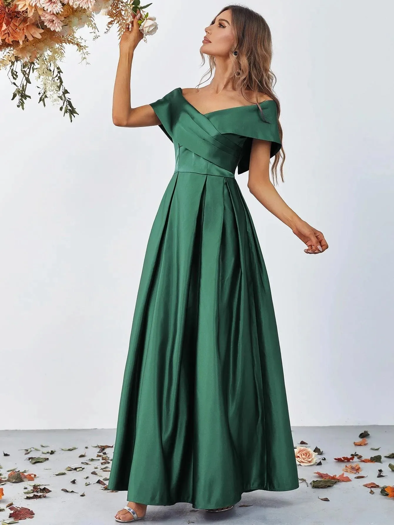 Off Shoulder Fold Pleated Detail Satin A Line Dress