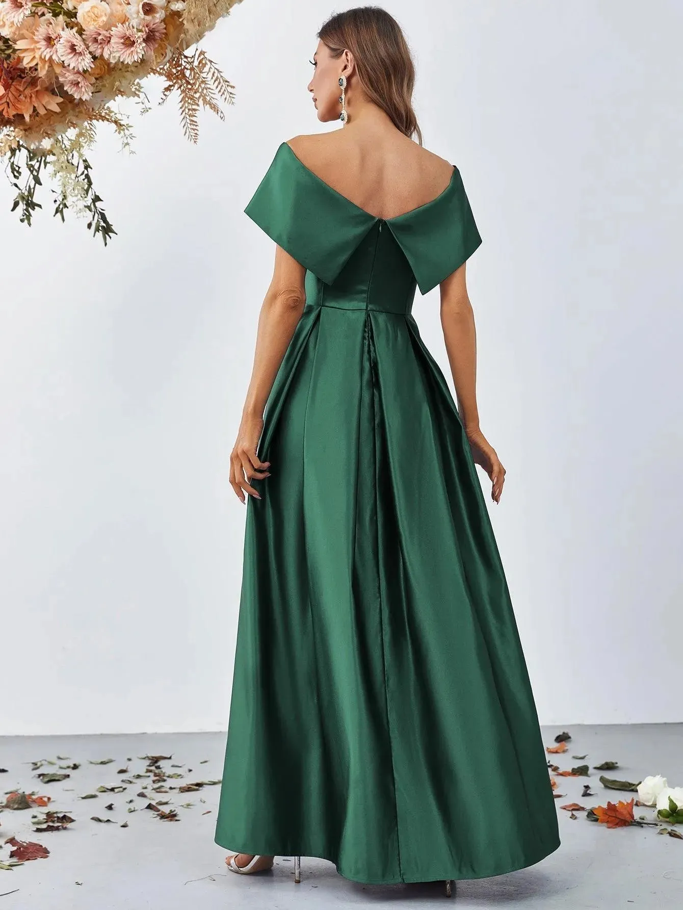 Off Shoulder Fold Pleated Detail Satin A Line Dress