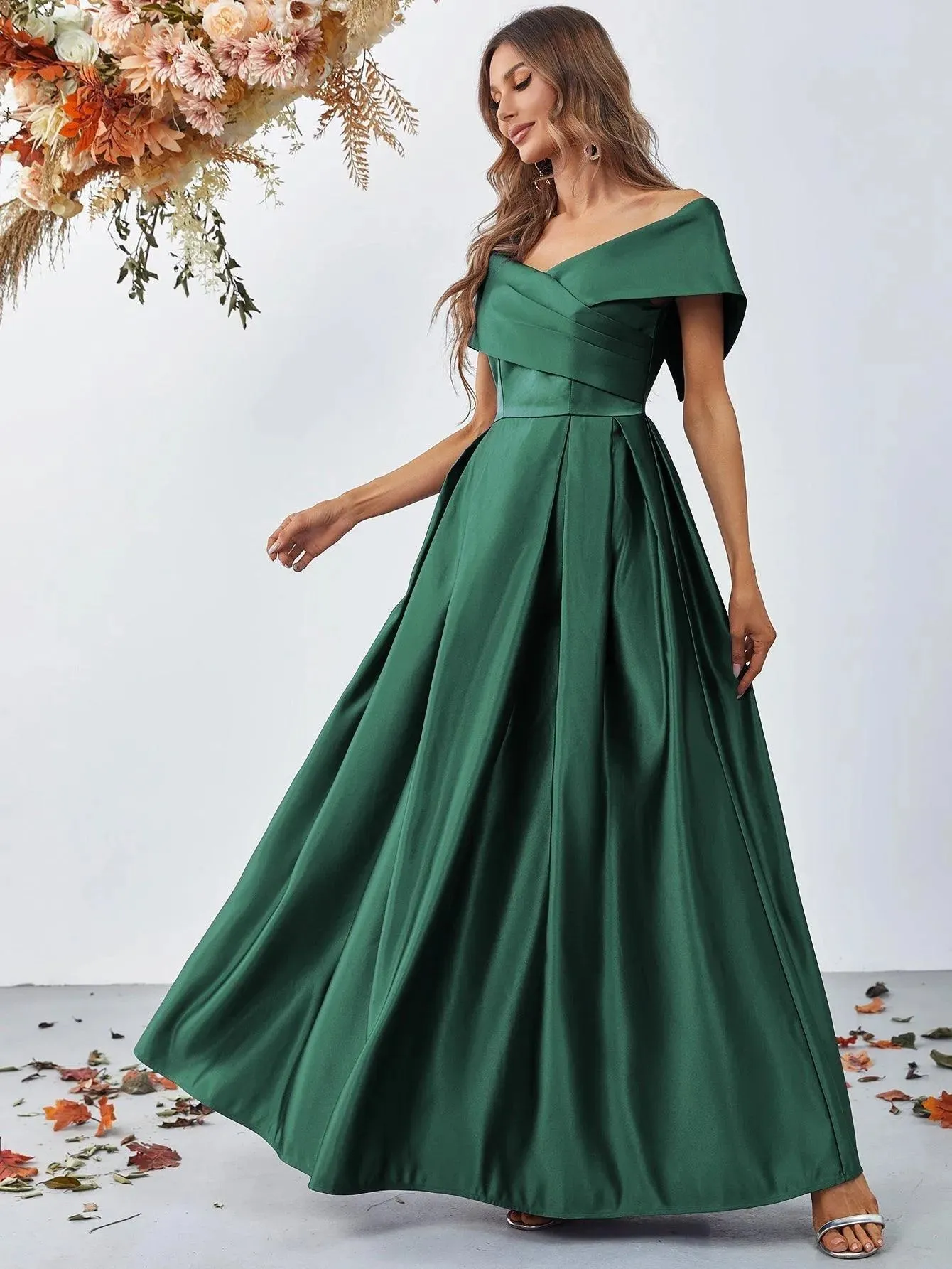 Off Shoulder Fold Pleated Detail Satin A Line Dress