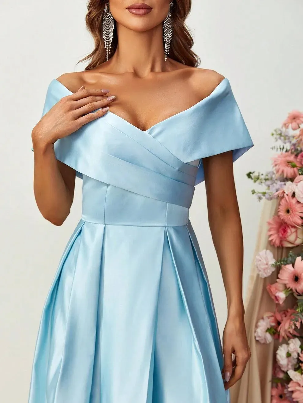 Off Shoulder Fold Pleated Detail Satin A Line Dress