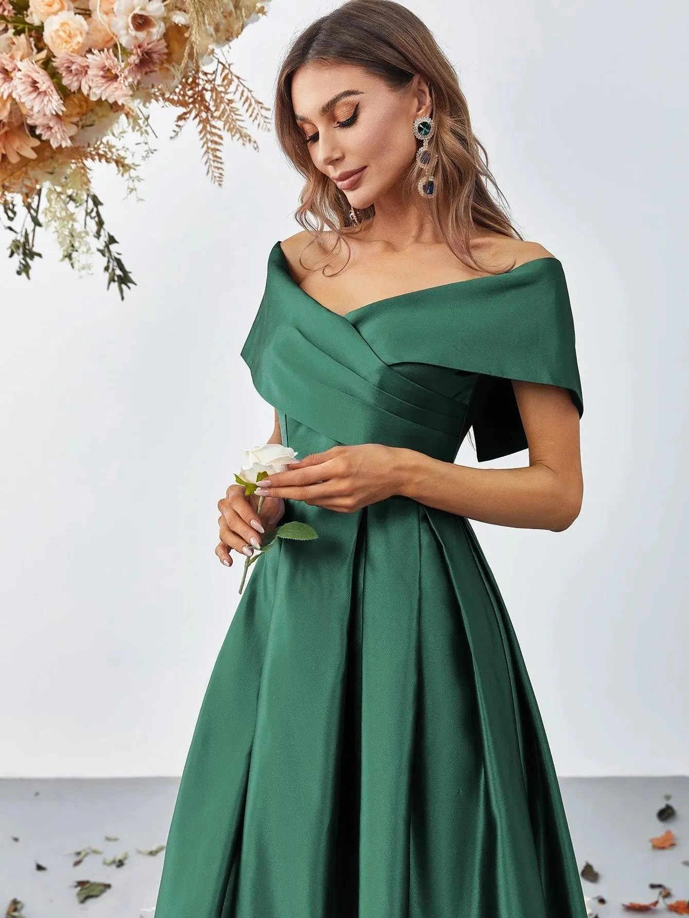 Off Shoulder Fold Pleated Detail Satin A Line Dress