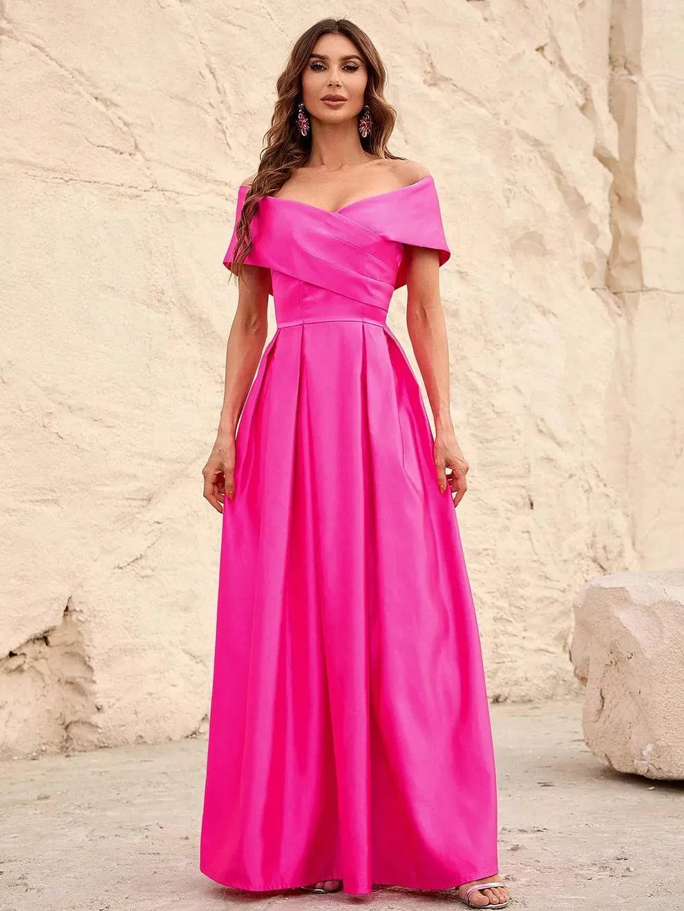 Off Shoulder Fold Pleated Detail Satin A Line Dress