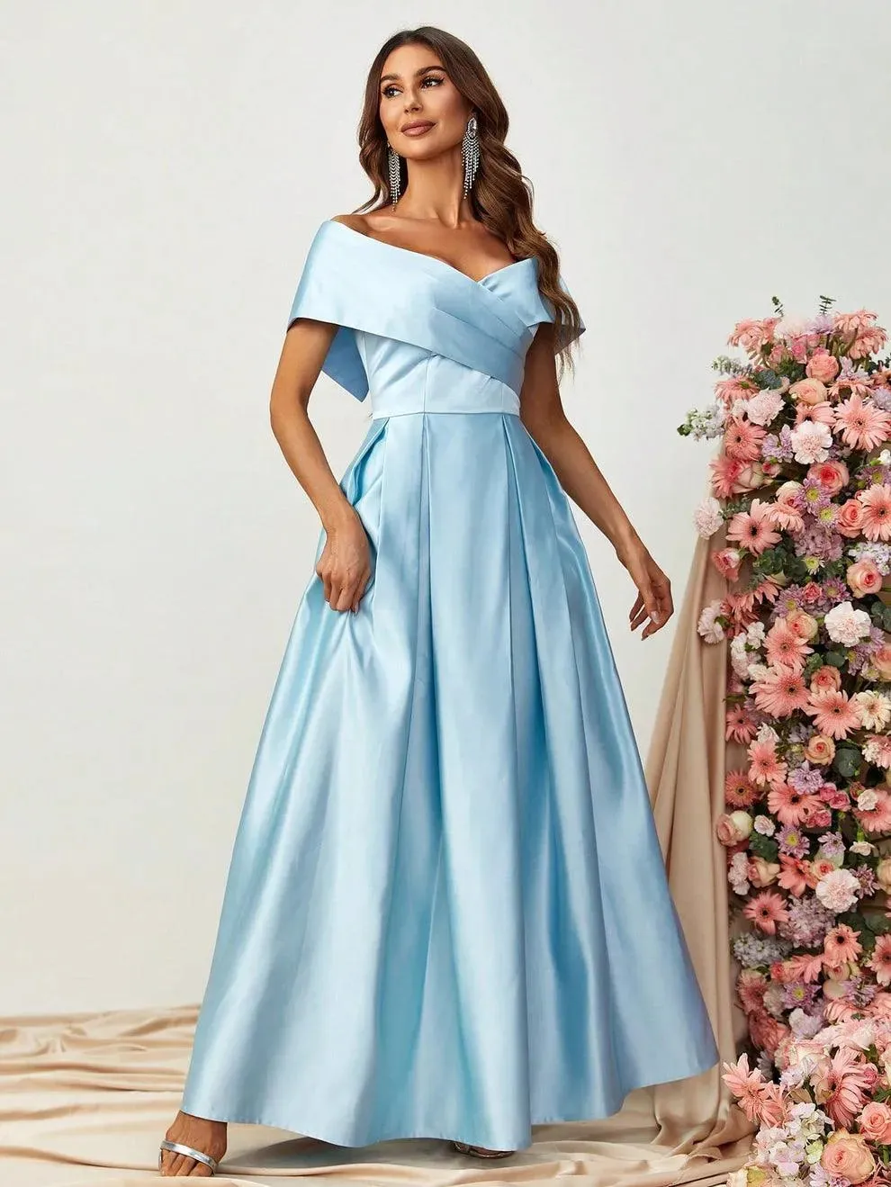 Off Shoulder Fold Pleated Detail Satin A Line Dress