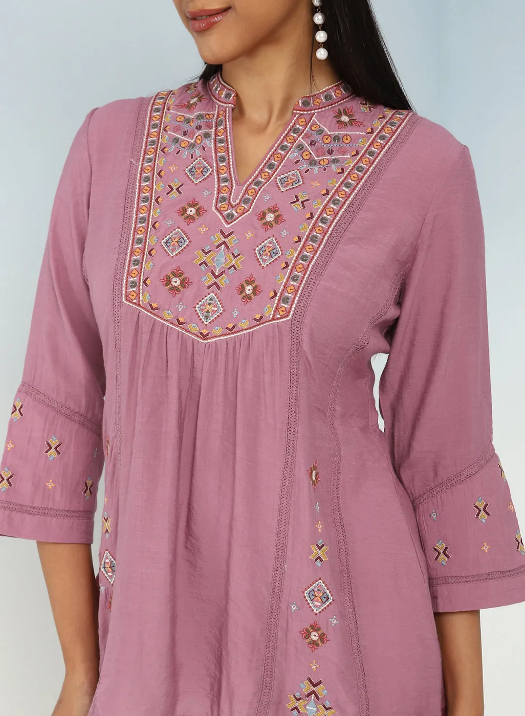 Onion Pink Tunic with Front Yoke Embroidery Detail