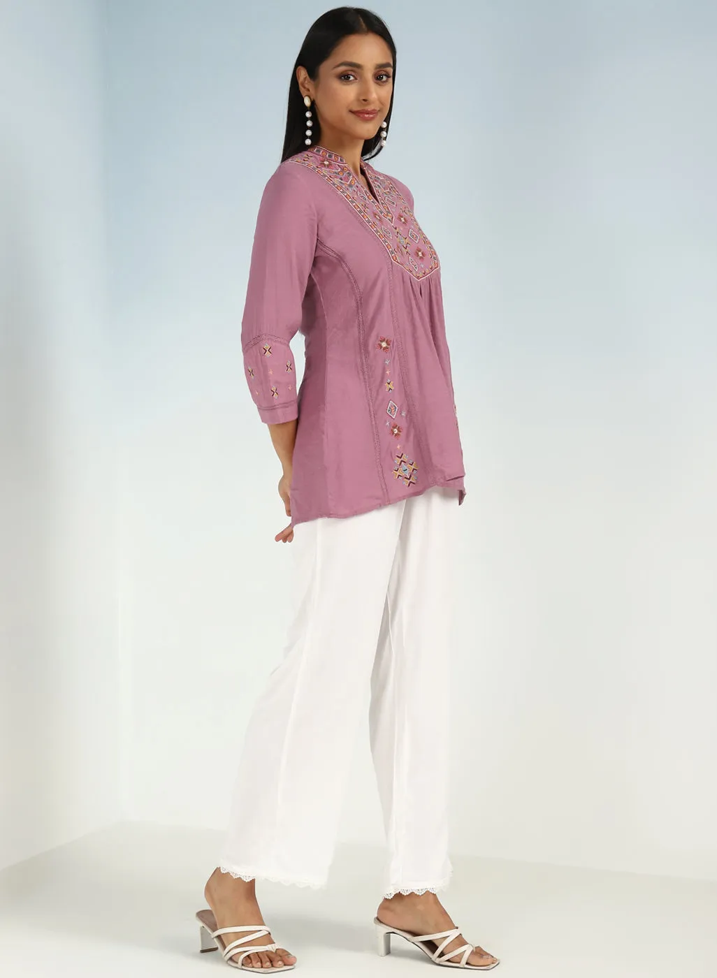 Onion Pink Tunic with Front Yoke Embroidery Detail