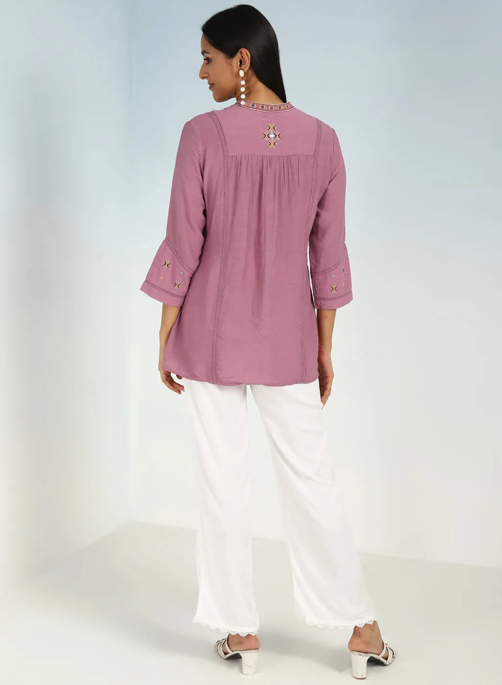 Onion Pink Tunic with Front Yoke Embroidery Detail