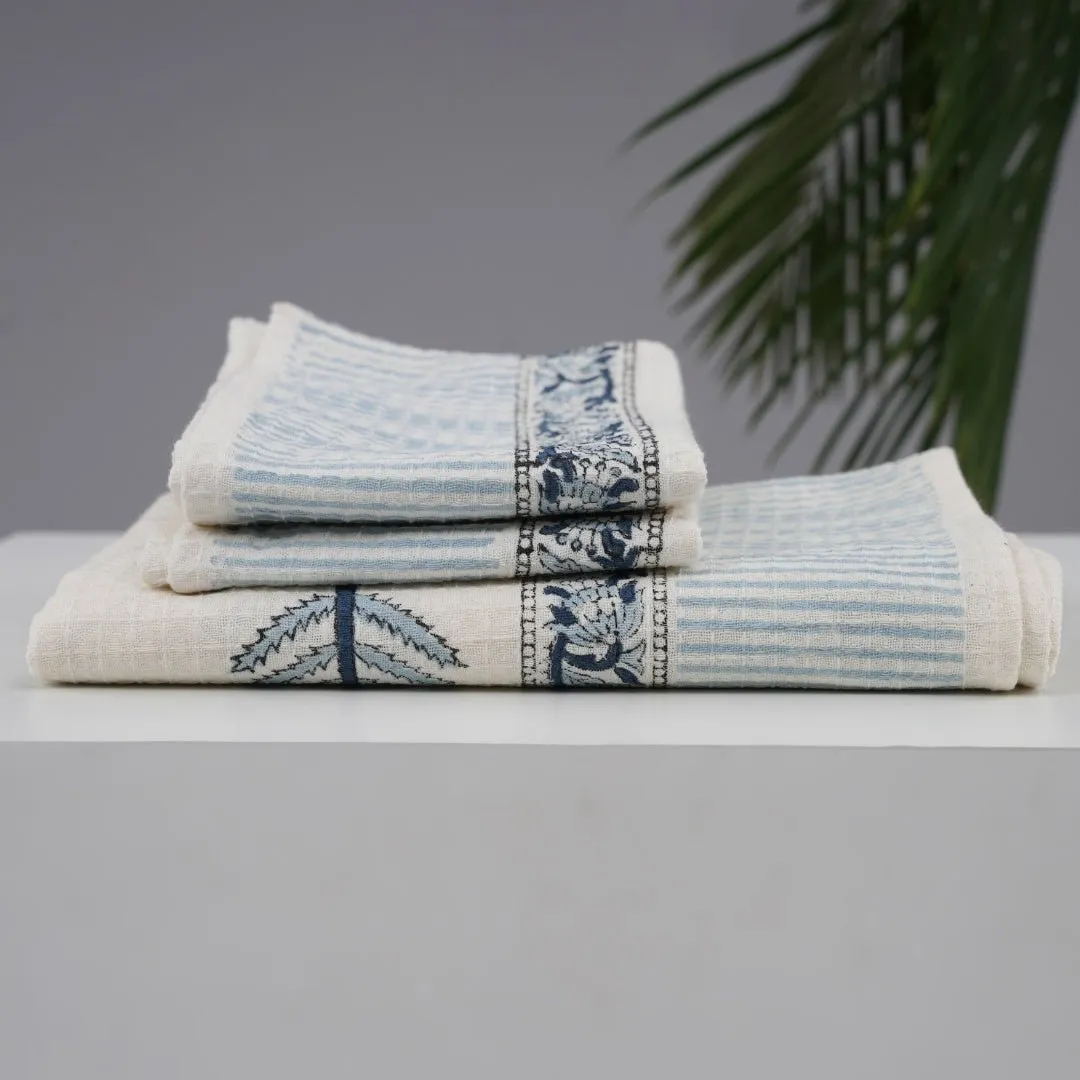 Pure Cotton Hand and Bath Towel Set | Block Printed in White & Blue Pattern | Super Absorbent, Soft & Faster Drying | 300 GSM | Handmade In India