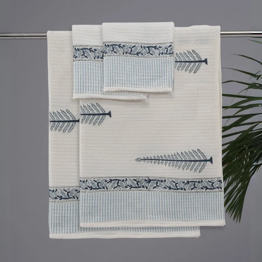 Pure Cotton Hand and Bath Towel Set | Block Printed in White & Blue Pattern | Super Absorbent, Soft & Faster Drying | 300 GSM | Handmade In India