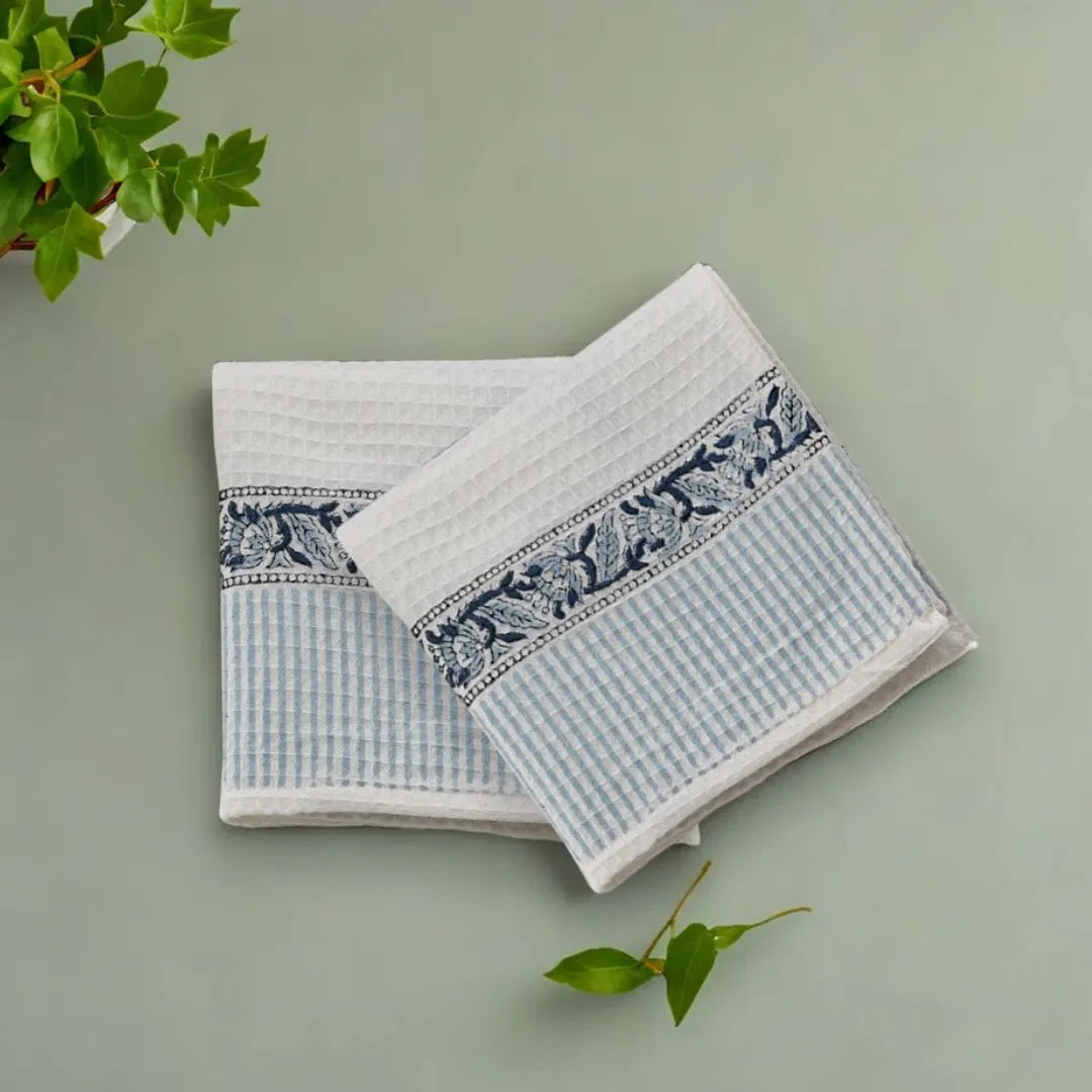 Pure Cotton Hand and Bath Towel Set | Block Printed in White & Blue Pattern | Super Absorbent, Soft & Faster Drying | 300 GSM | Handmade In India