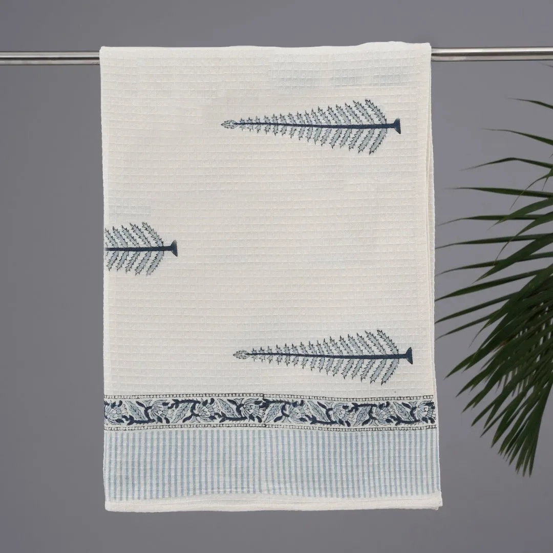 Pure Cotton Hand and Bath Towel Set | Block Printed in White & Blue Pattern | Super Absorbent, Soft & Faster Drying | 300 GSM | Handmade In India