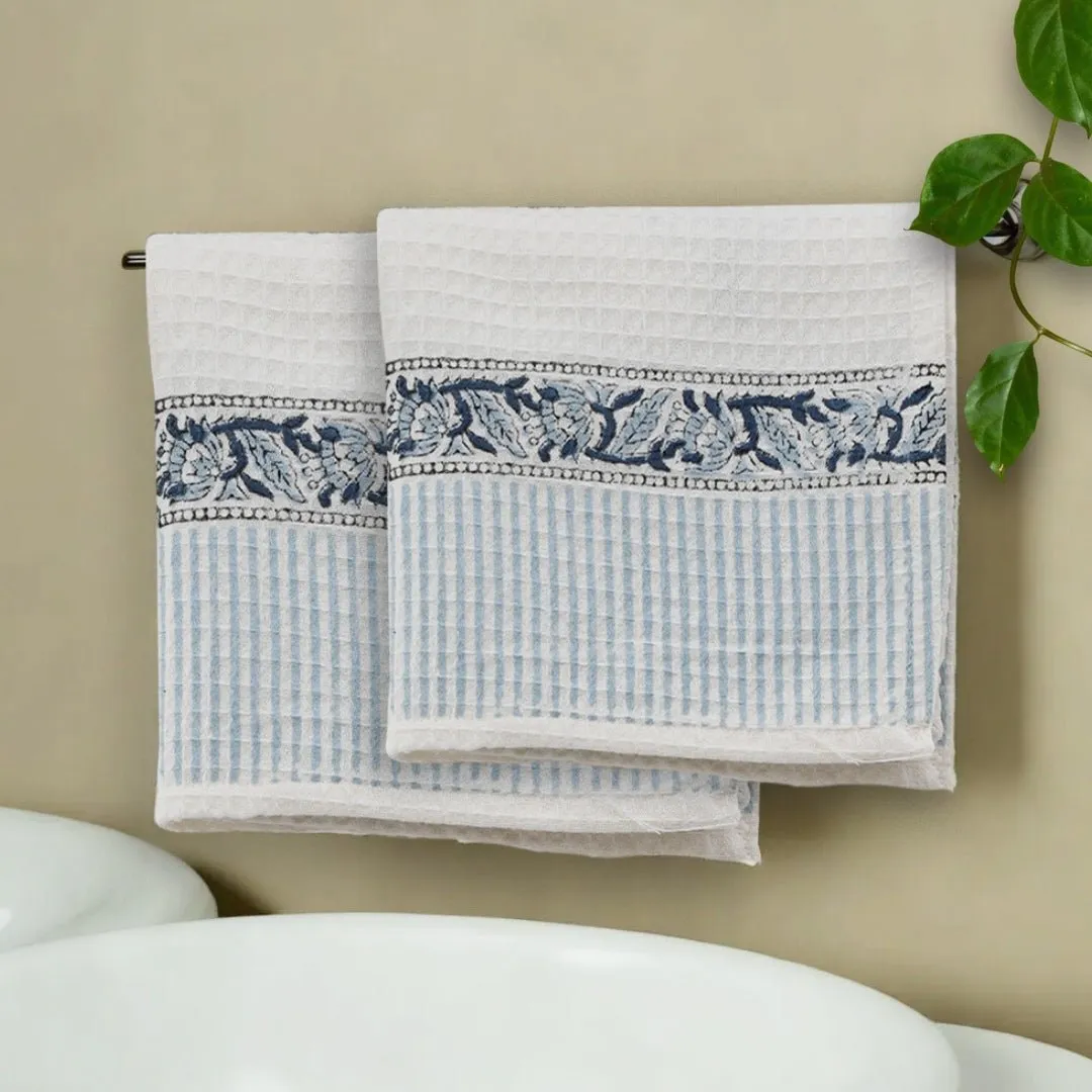 Pure Cotton Hand and Bath Towel Set | Block Printed in White & Blue Pattern | Super Absorbent, Soft & Faster Drying | 300 GSM | Handmade In India
