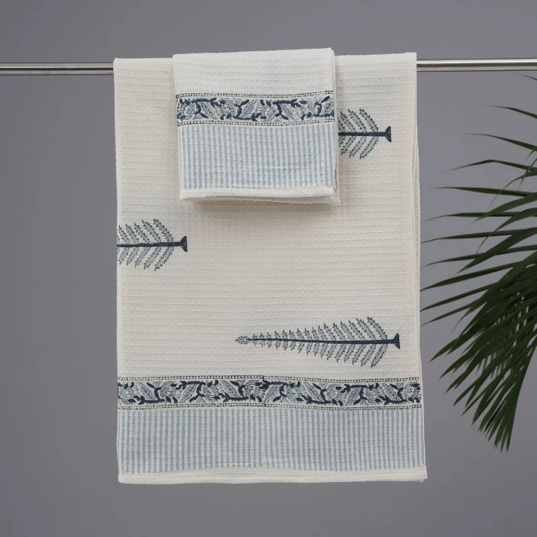 Pure Cotton Hand and Bath Towel Set | Block Printed in White & Blue Pattern | Super Absorbent, Soft & Faster Drying | 300 GSM | Handmade In India