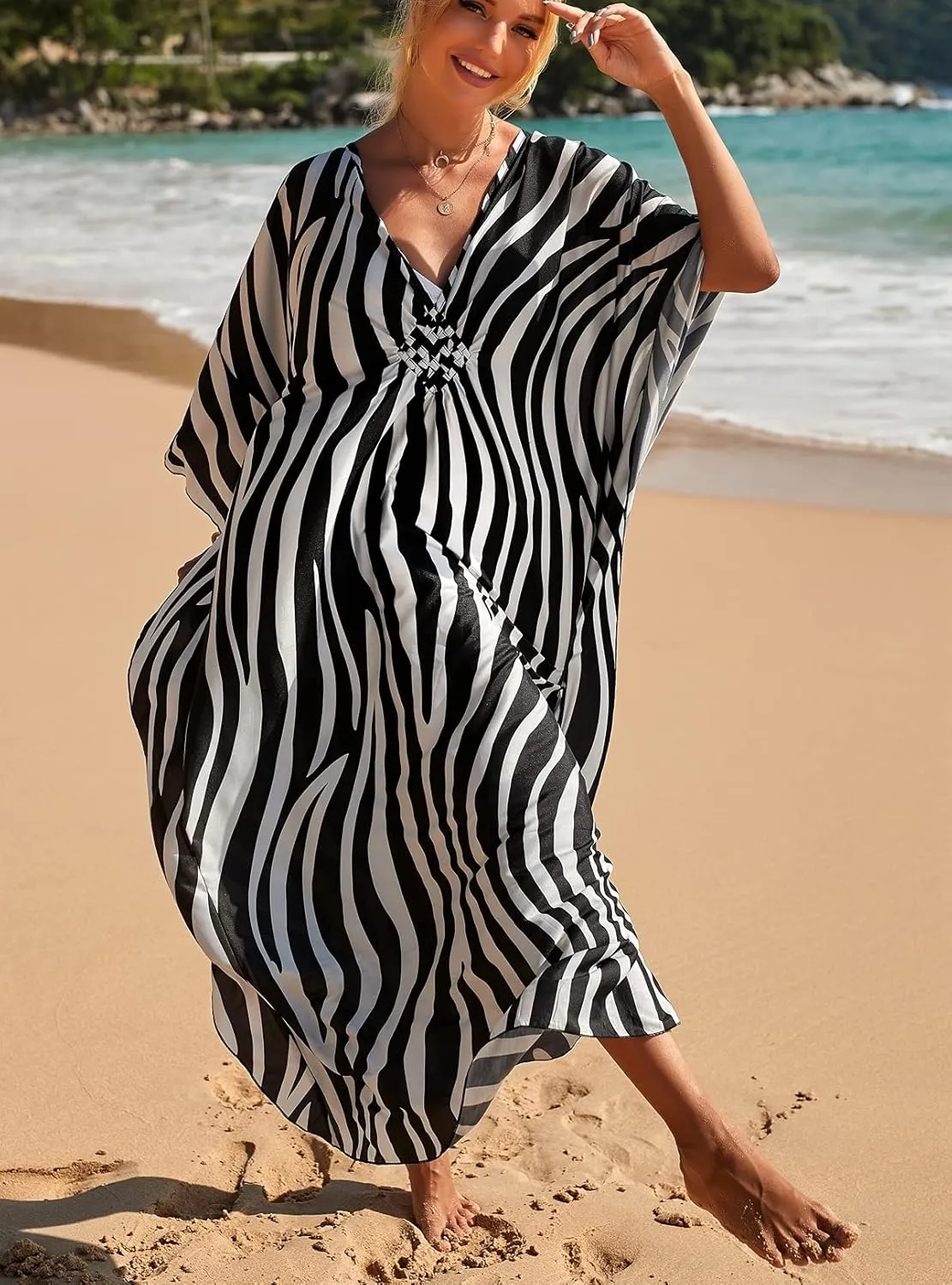 RanRui Kaftan Dresses for Women  Wave Neck Floral Plus Size Caftans Muumuu Dresses