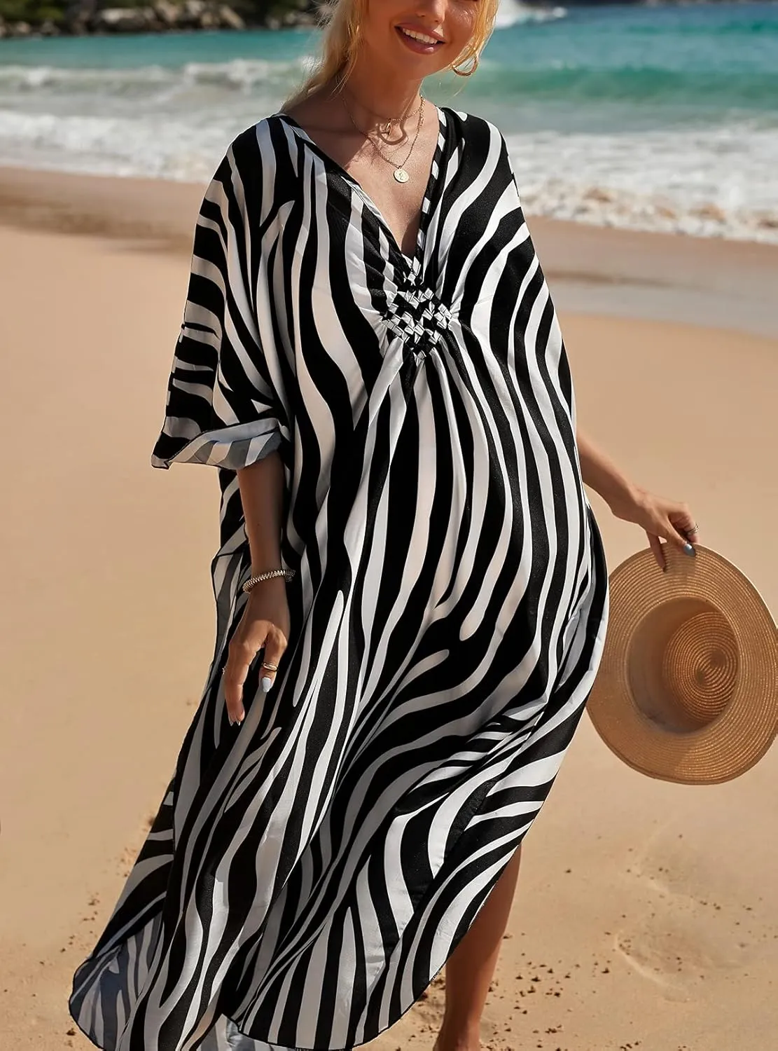 RanRui Kaftan Dresses for Women  Wave Neck Floral Plus Size Caftans Muumuu Dresses