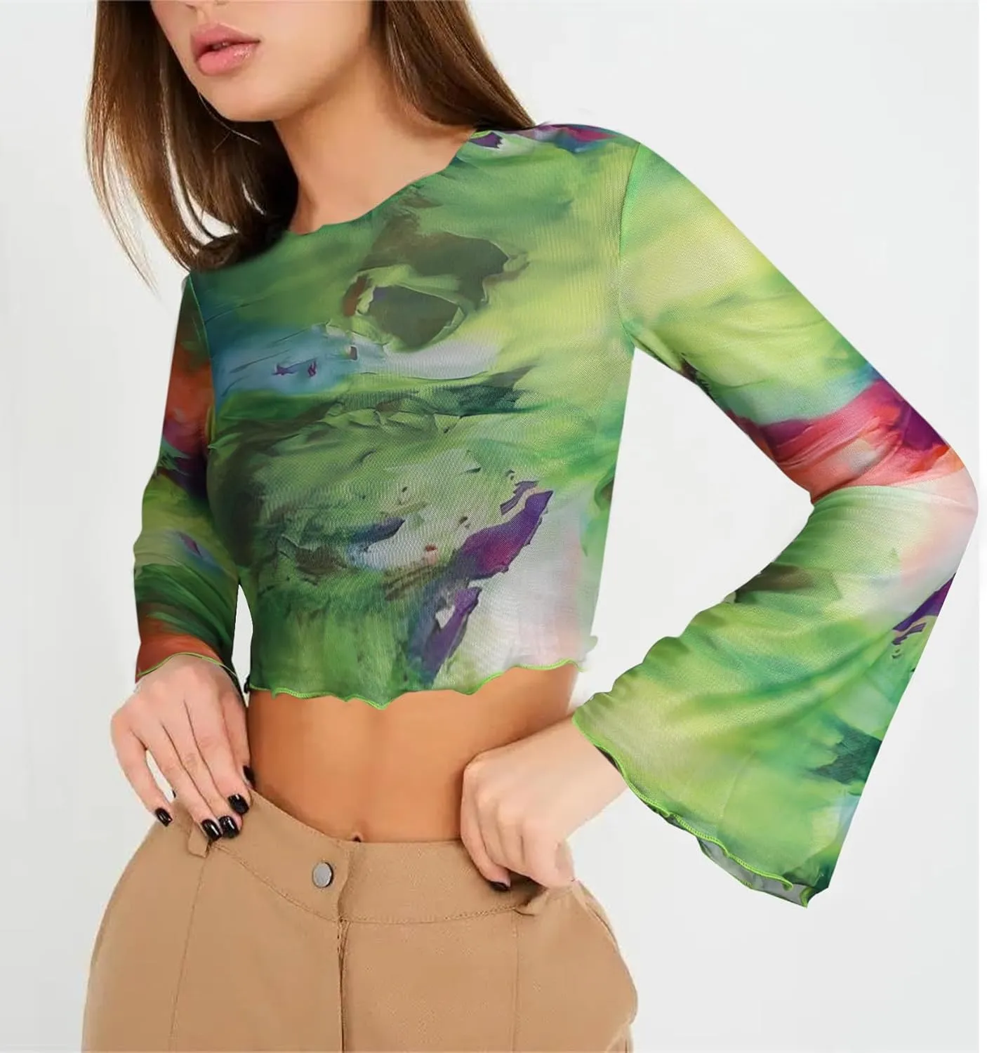 Remidoo Womens Bell Sleeve Mock Neck Mesh Top Floral Print Lettuce Trim T Shirt