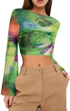 Remidoo Womens Bell Sleeve Mock Neck Mesh Top Floral Print Lettuce Trim T Shirt