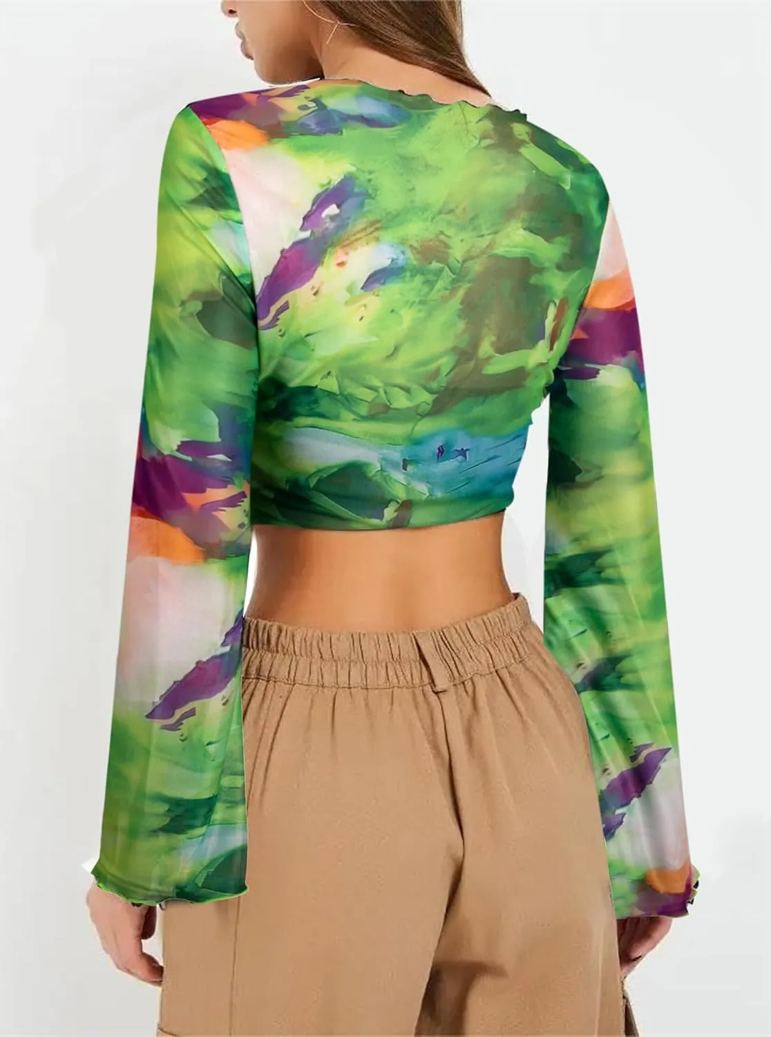 Remidoo Womens Bell Sleeve Mock Neck Mesh Top Floral Print Lettuce Trim T Shirt