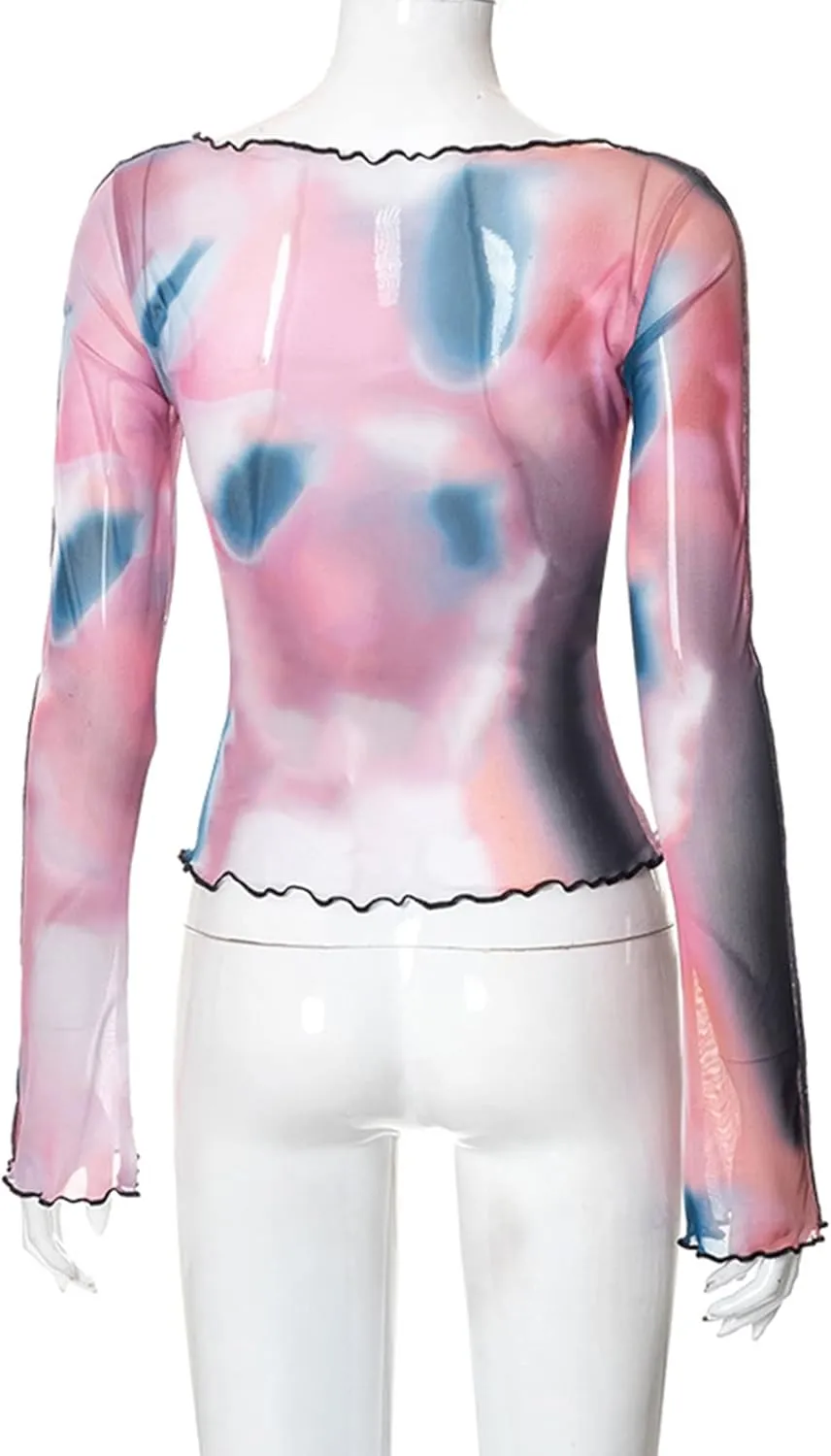 Remidoo Women's Sexy Sheer Mesh Crop Top Long Sleeve Crewneck See Through T Shirt