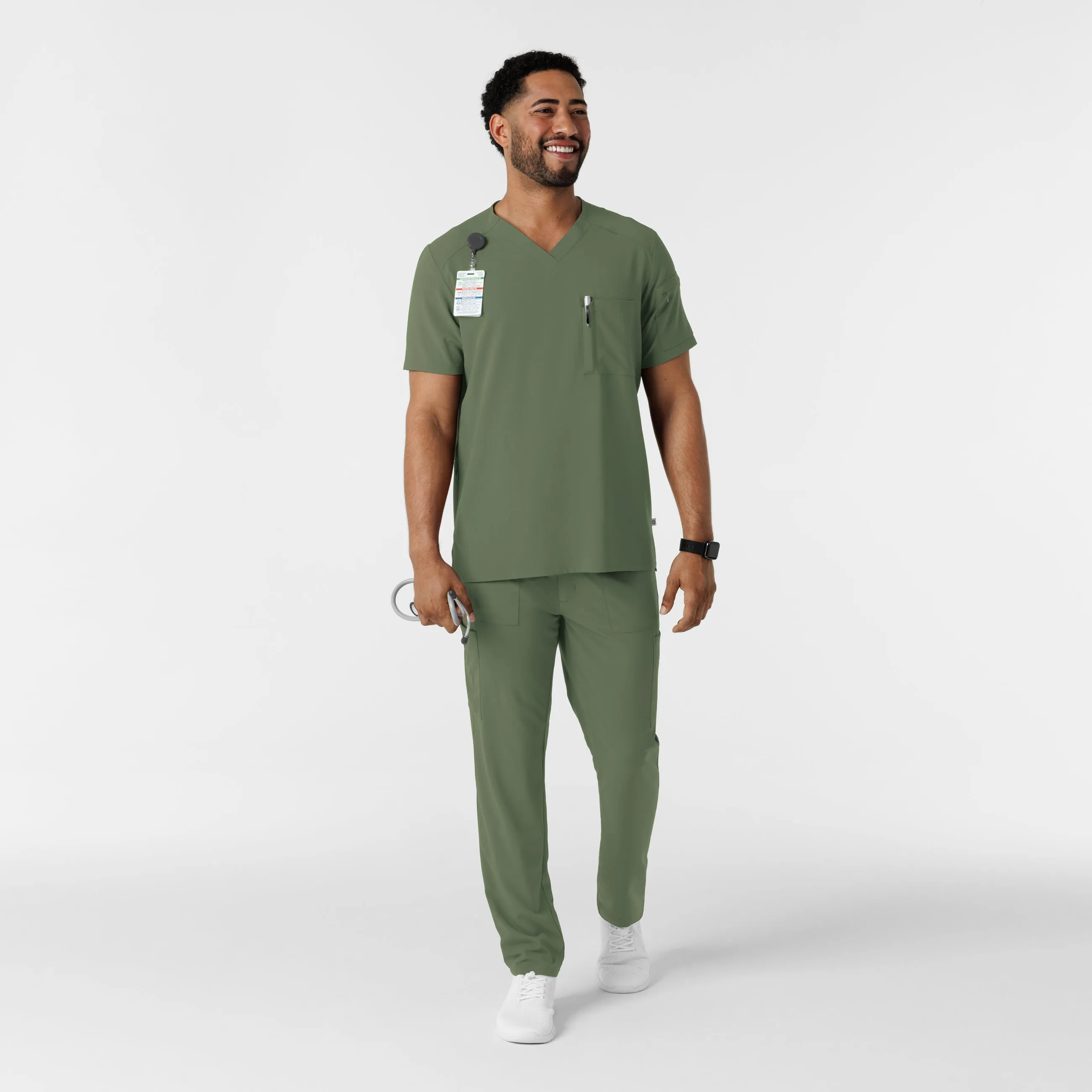 RENEW Men's V-Neck 5 Pocket Scrub Top - Olive