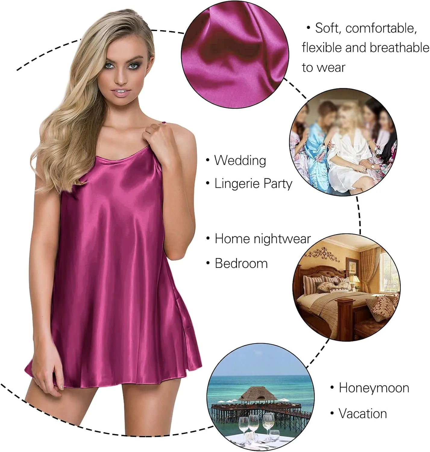 RSLOVE Satin Lingerie for Women Chemises Nightgown Sexy Sleepwear Mini Slip Short Silk Nightwear
