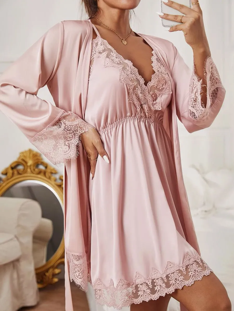 Shein Embroidered Mesh Trim Satin Slips With Belted Robe