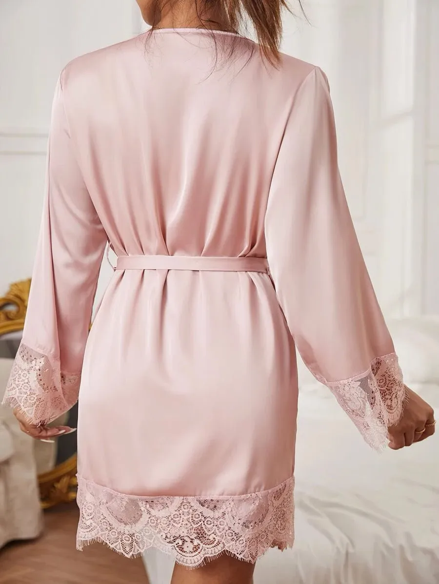 Shein Embroidered Mesh Trim Satin Slips With Belted Robe