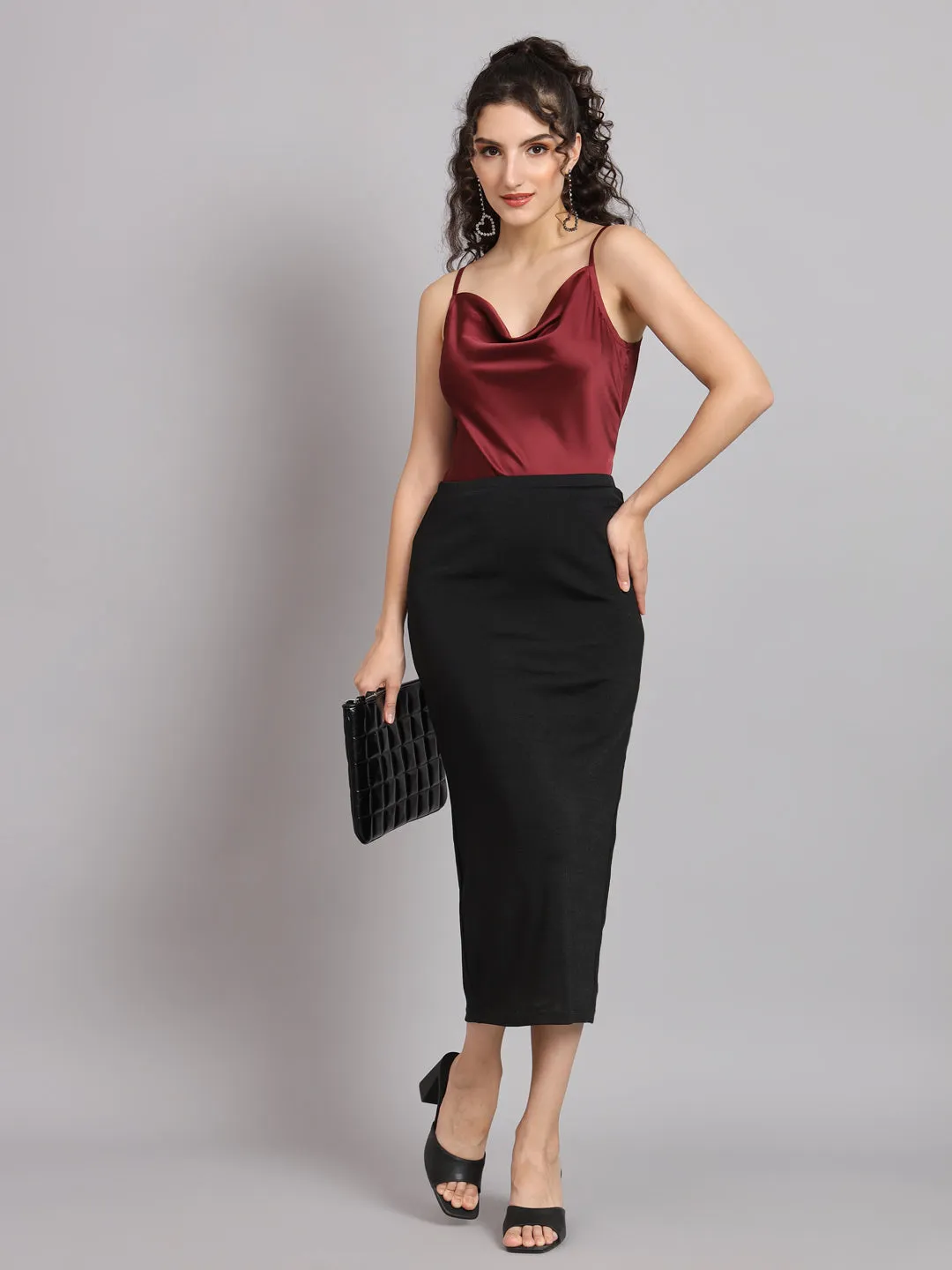 Sleeveless Satin Top With Cowl Neck - Maroon