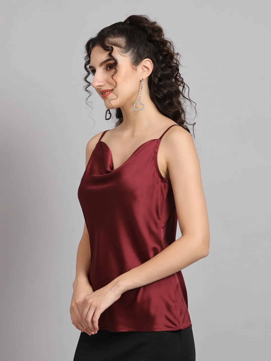 Sleeveless Satin Top With Cowl Neck - Maroon