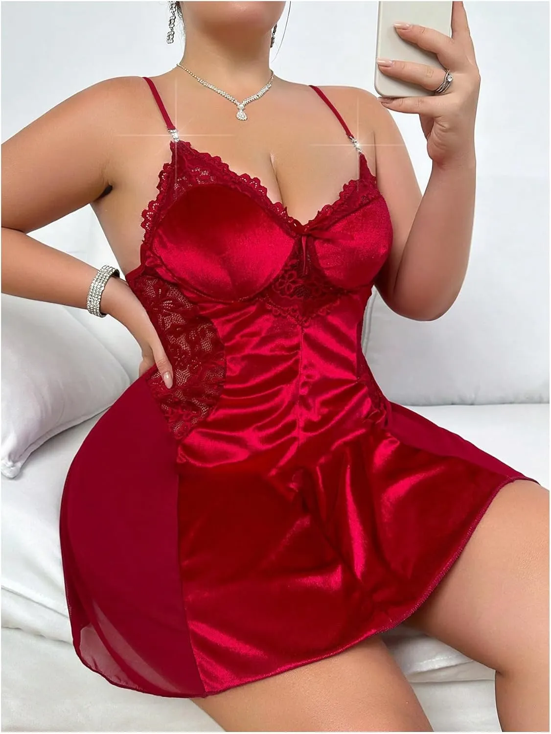 SOLY HUX Women's Plus Size Lace Trim Mini Nightdress Spaghetti Strap Cami Slip Dress Nightgown
