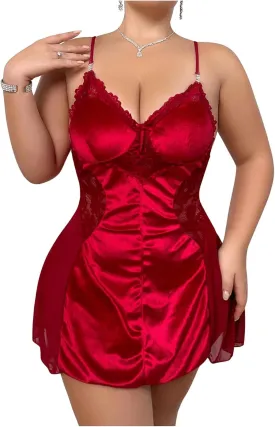 SOLY HUX Women's Plus Size Lace Trim Mini Nightdress Spaghetti Strap Cami Slip Dress Nightgown