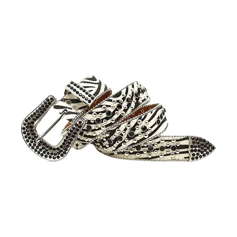 Suede Zebra Print Strap With Black & Metal Studded Rhinestone Belt