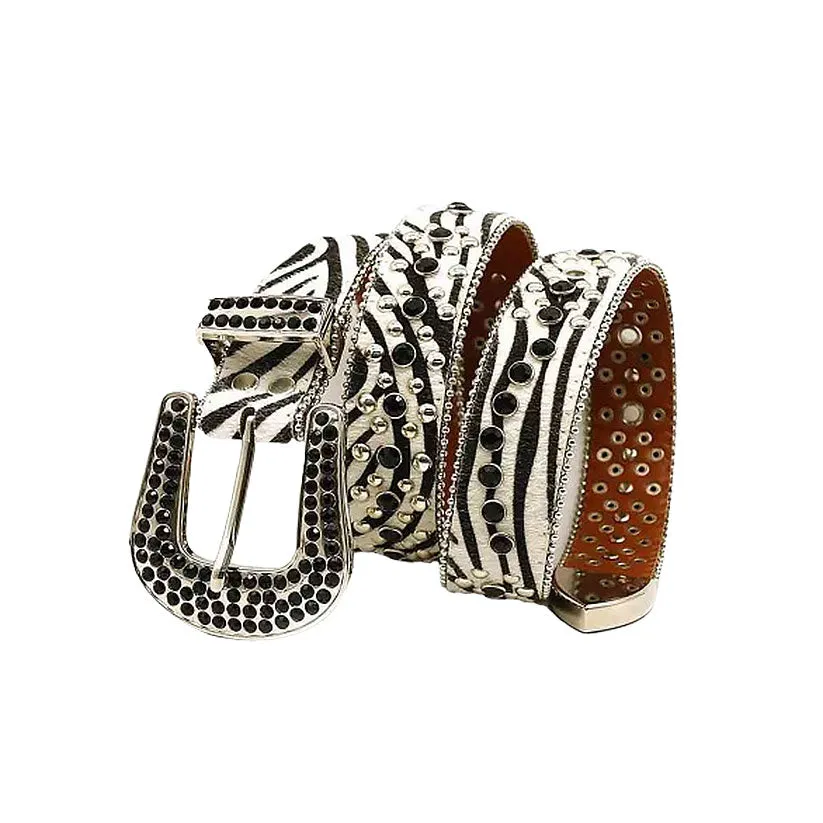 Suede Zebra Print Strap With Black & Metal Studded Rhinestone Belt