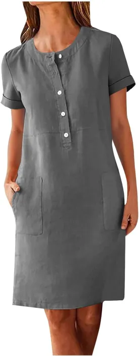 Summer Dresses for Women 2025 Button Front Short Sleeve Tshirt Dress Business Casual Sundresses with Pockets